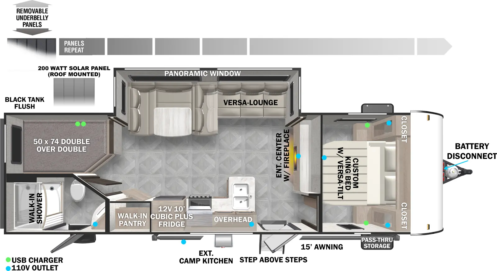 The Cruise Lite Northwest 263BHXL floorplan has two entries and one slide out. Exterior features include: metal exterior, 15' awning and outside kitchen. Interiors features include: bunk beds, u-dinette and front bedroom.